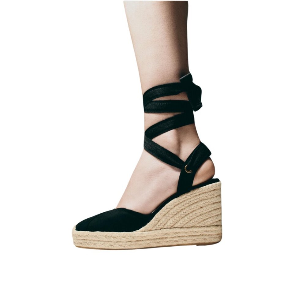 NWT Zara Contrast Lace-up Wedges Black and Tan sz 6.5